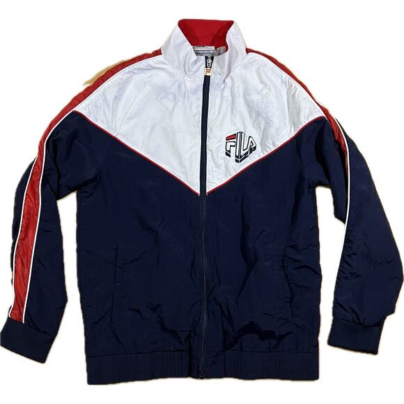 VTG Fila Track Jacket Navy White Red Full Zip Mock Neck Nylon Logo Retro Mens M - Picture 2 of 14